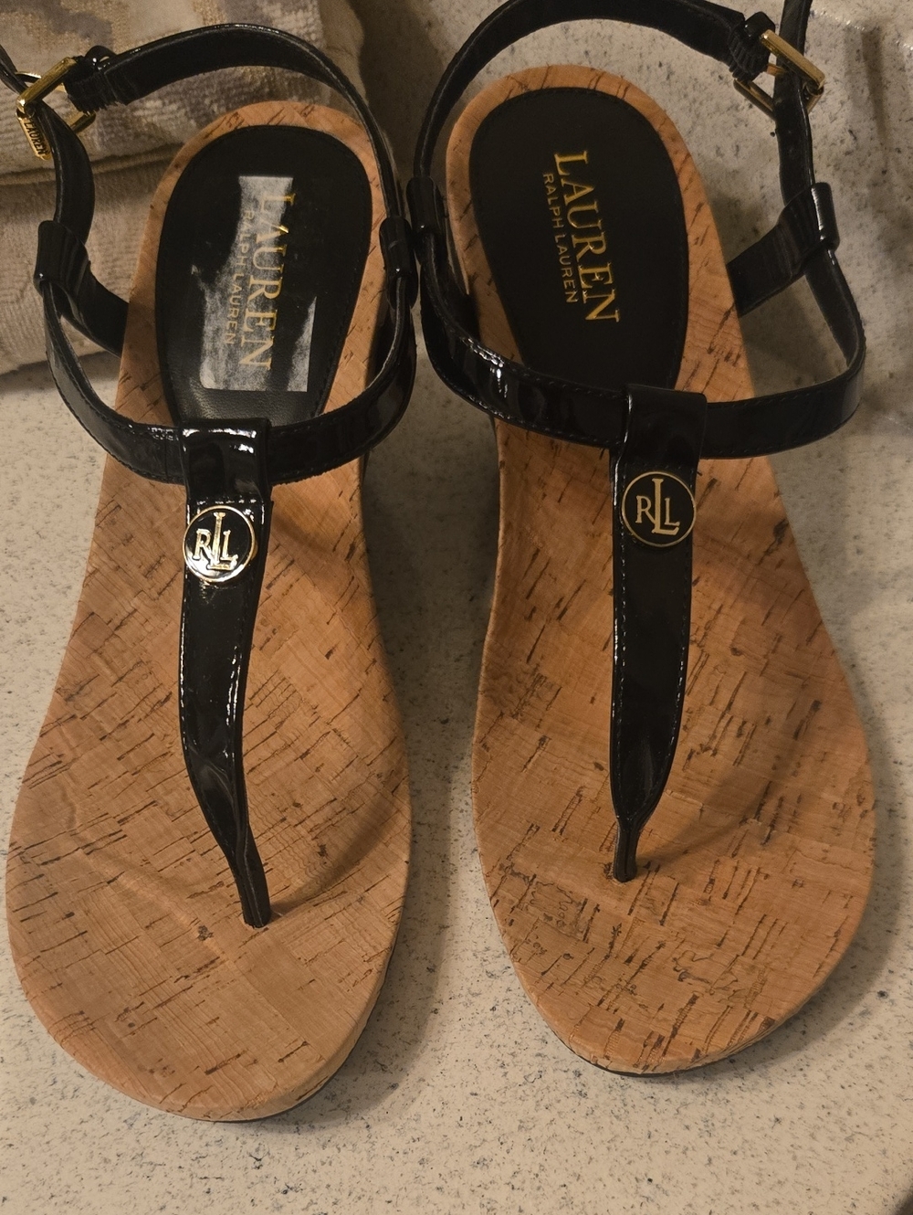 LAUREN Ralph Lauren Black Patent T-Strap Cork Sandals with Gold RL Accent